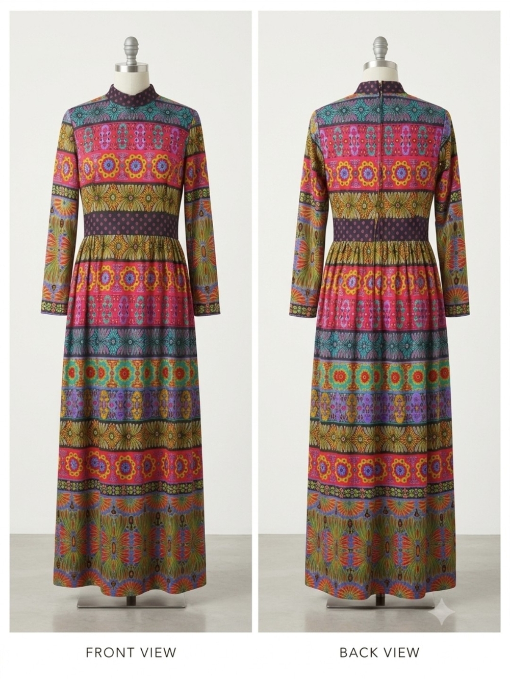 70s Alex Colman Bohemian Multicolor Striped Maxi Dress with High Neck